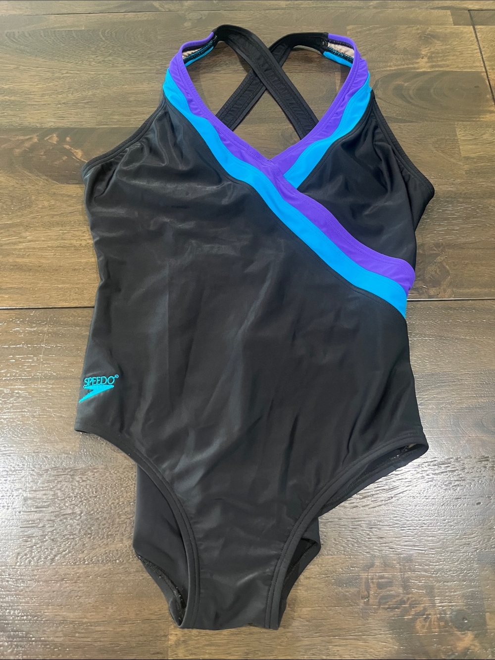 Speedo Black One-Piece Swimsuit with Blue & Purple Trim Womens Size 16 EUC